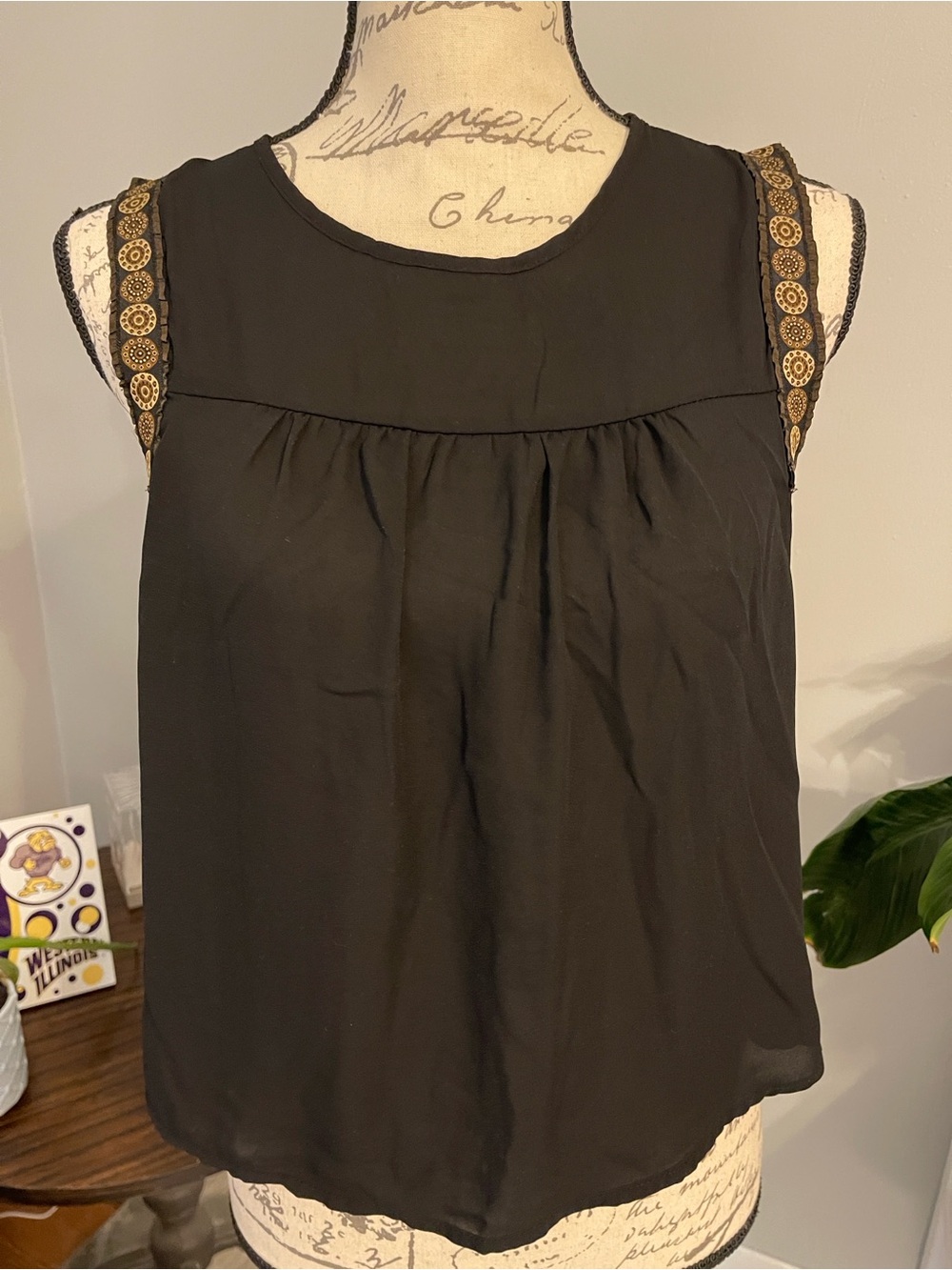 Elodie Black Embellished Sleeveless Blouse XS Boho Sheer Tank Top